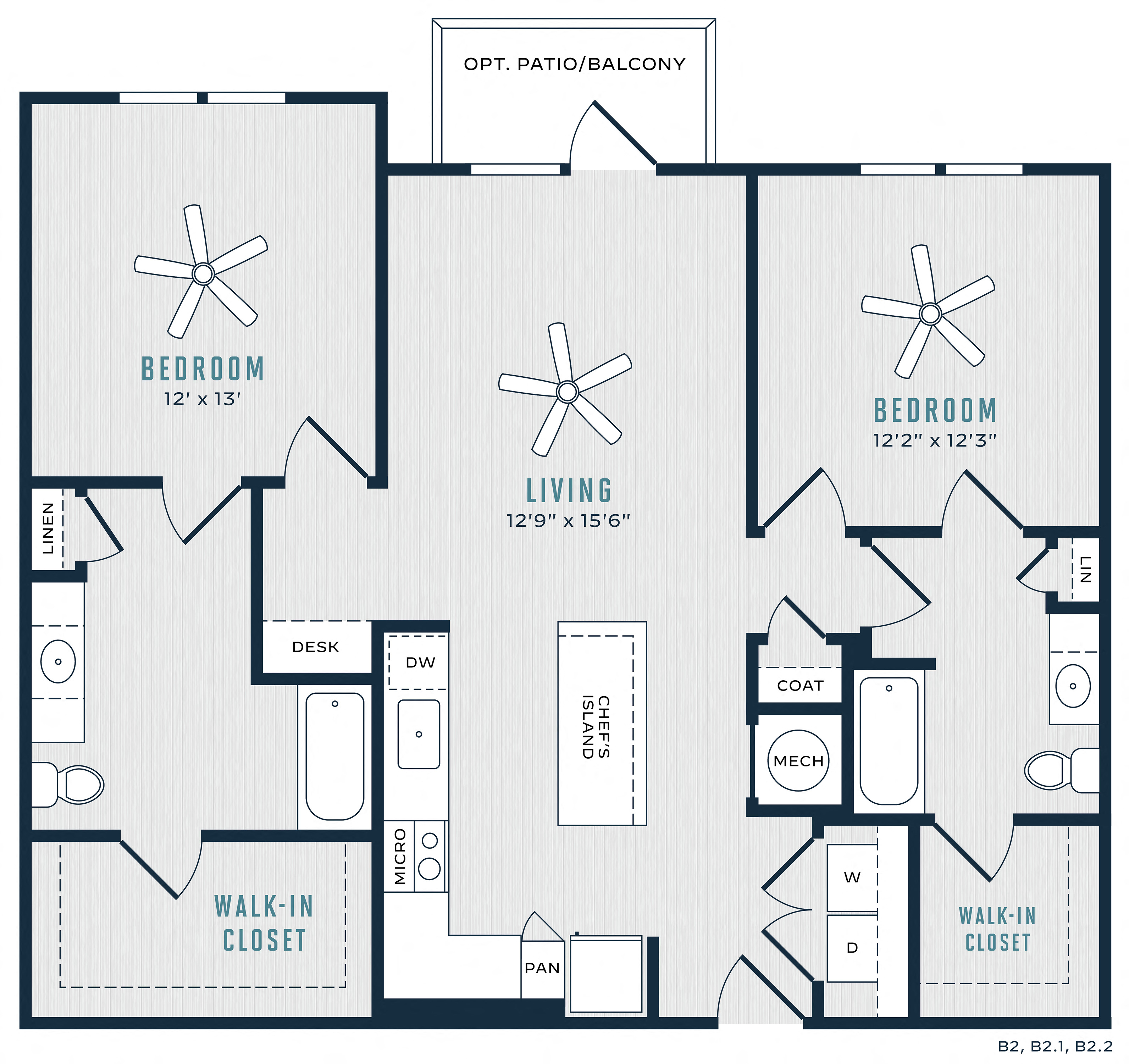 Floor plan for 2 beds, 2 baths, 1190 sqft